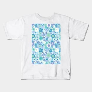 retro florals pattern, 70s groovy blue flowers, flower market, scandinavian florals, blue hues, purple, lilac Kids T-Shirt